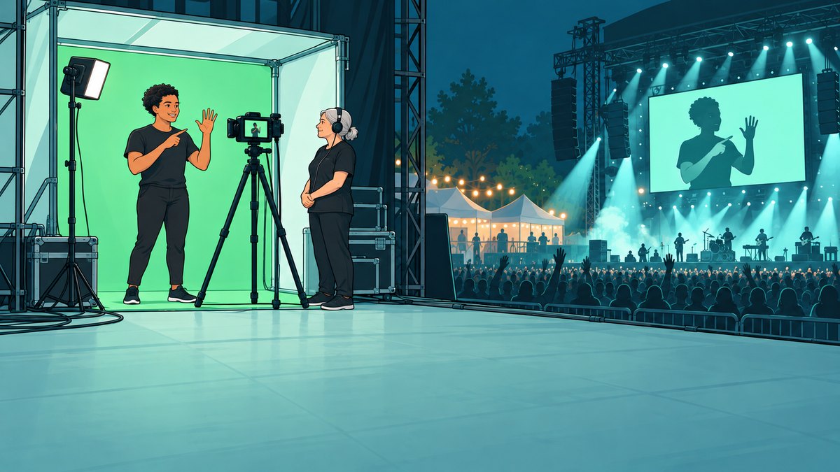 Ilustração de uma intérprete sinalizando em Libras diante de um fundo verde e de uma câmera, com outra intérprete de fones aguardando a vez e um telão de festival ao fundo