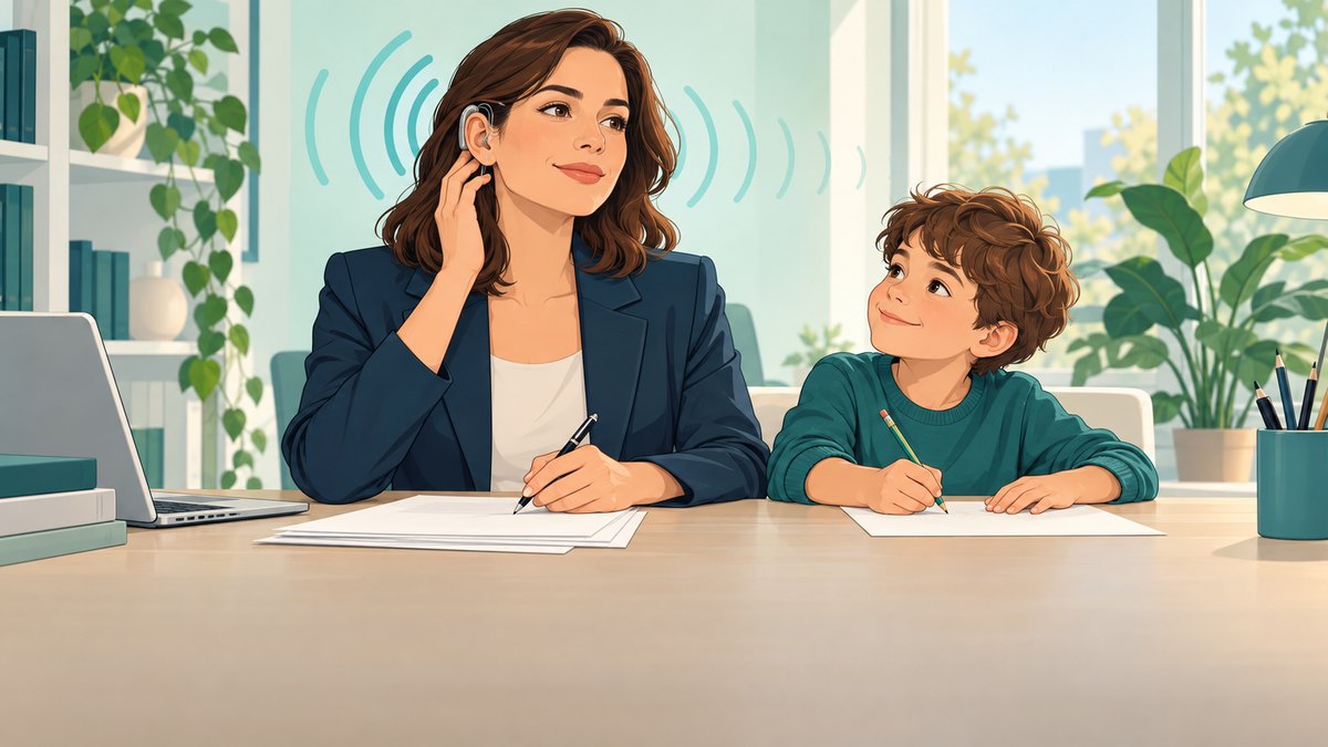 Ilustração de uma mulher de blazer, com aparelho auditivo atrás da orelha, trabalhando numa mesa de escritório enquanto um menino desenha ao lado e ondas sonoras se apagam ao redor
