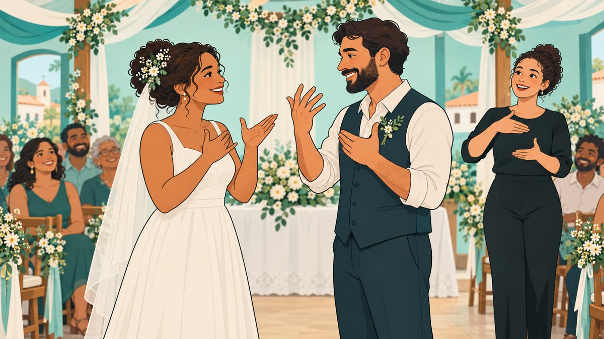 Ilustração de noivos trocando votos em Libras num salão decorado com flores, com uma intérprete sinalizando ao lado e convidados sorrindo ao fundo