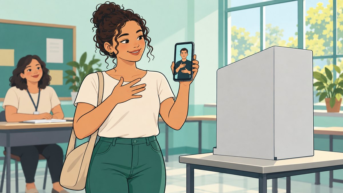 Ilustração de uma eleitora com o celular em videochamada com um intérprete de Libras, ao lado da cabine de votação