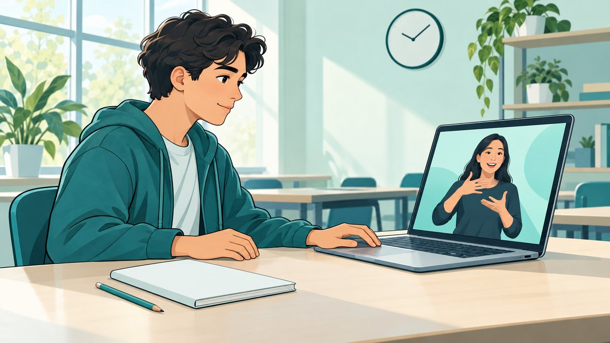 Ilustração de um estudante numa mesa assistindo no notebook a uma intérprete de Libras