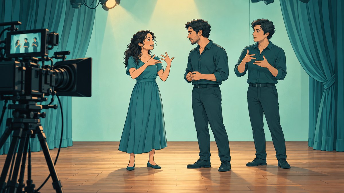 Ilustração de uma cena de filme num palco: uma atriz sinaliza em Libras diante de um ator, enquanto um intérprete vestido igual ao personagem sinaliza ao lado, e uma câmera de cinema grava a cena