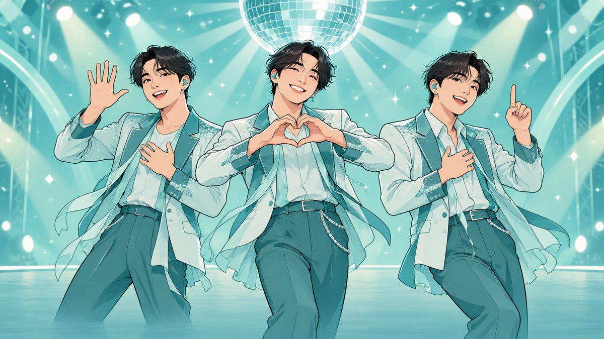 Ilustração de três jovens cantores de K-pop com roupas em tons de teal dançando sob um globo espelhado, um acenando com a mão aberta, um fazendo coração com as mãos e outro apontando para cima