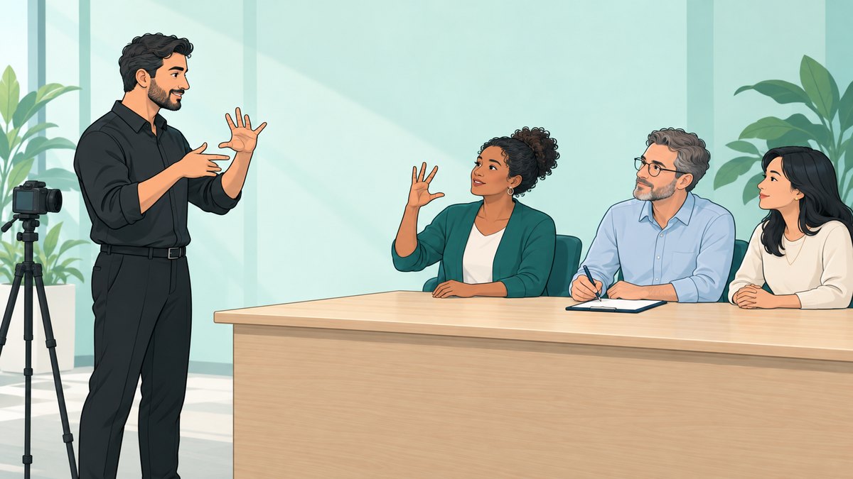 Ilustração de um intérprete sinalizando diante de uma banca de três avaliadores, uma delas surda, que respondem em Libras e fazem anotações
