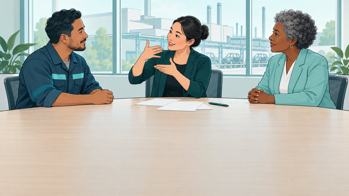 Ilustração de uma reunião de RH em que uma intérprete sinaliza em Libras para um trabalhador surdo de uniforme, ao lado de uma profissional de recursos humanos