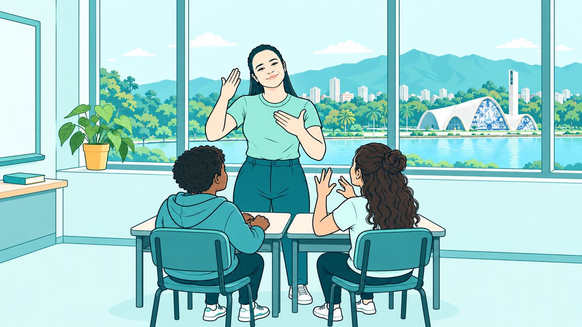 Ilustração de uma professora sinalizando em Libras para estudantes surdos em uma sala de aula com janela para a Lagoa da Pampulha, a Igreja da Pampulha e a Serra do Curral