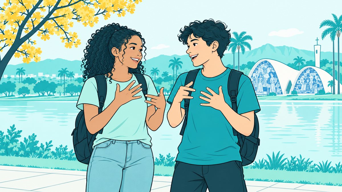 Ilustração de dois estudantes surdos conversando em Libras na orla da Lagoa da Pampulha, com a Igreja da Pampulha e um ipê-amarelo ao fundo