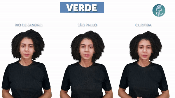 GIF comparando variações regionais do sinal de verde em Libras no Rio de Janeiro, em São Paulo e em Curitiba.