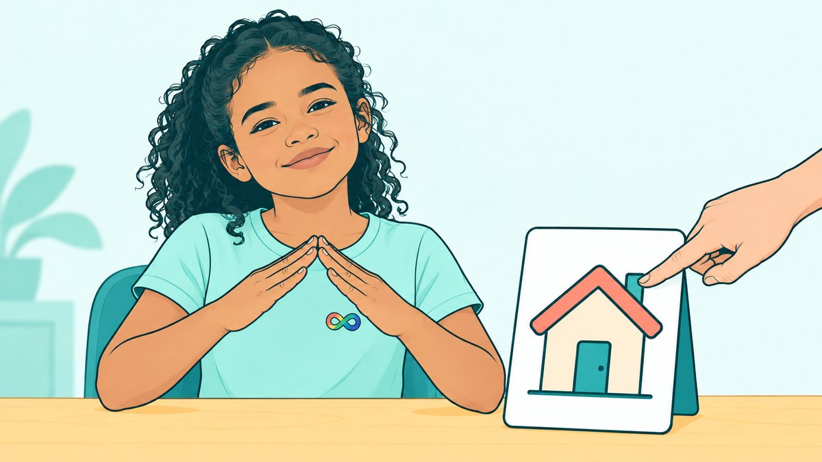 Ilustração de uma menina com autismo fazendo o sinal de casa em Libras, com as mãos formando um telhado, ao lado de um cartão com o desenho de uma casa