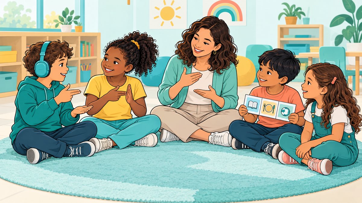 Ilustração de uma roda de conversa em sala de aula: um menino autista com abafador de ruído conversa em Libras com uma colega, enquanto a professora também sinaliza