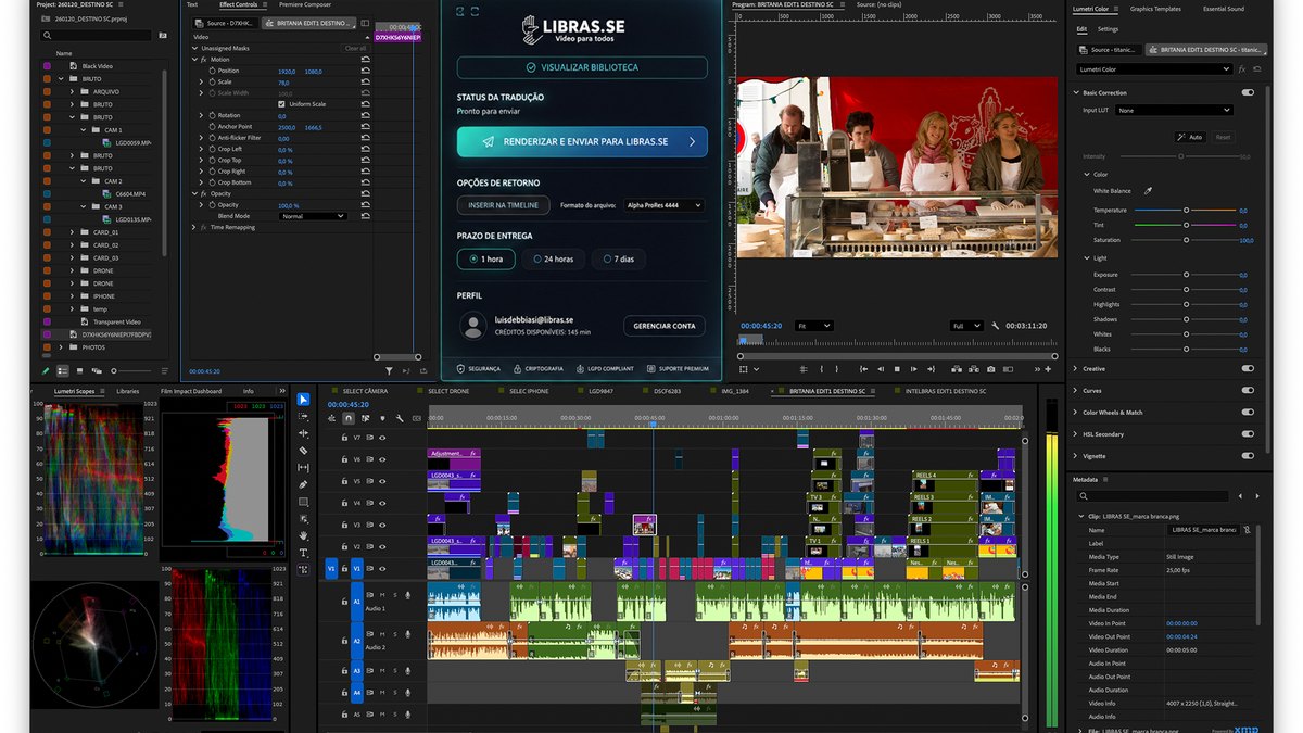 Tela de edição de vídeo com interface da Libras.se para renderizar e enviar tradução acessível