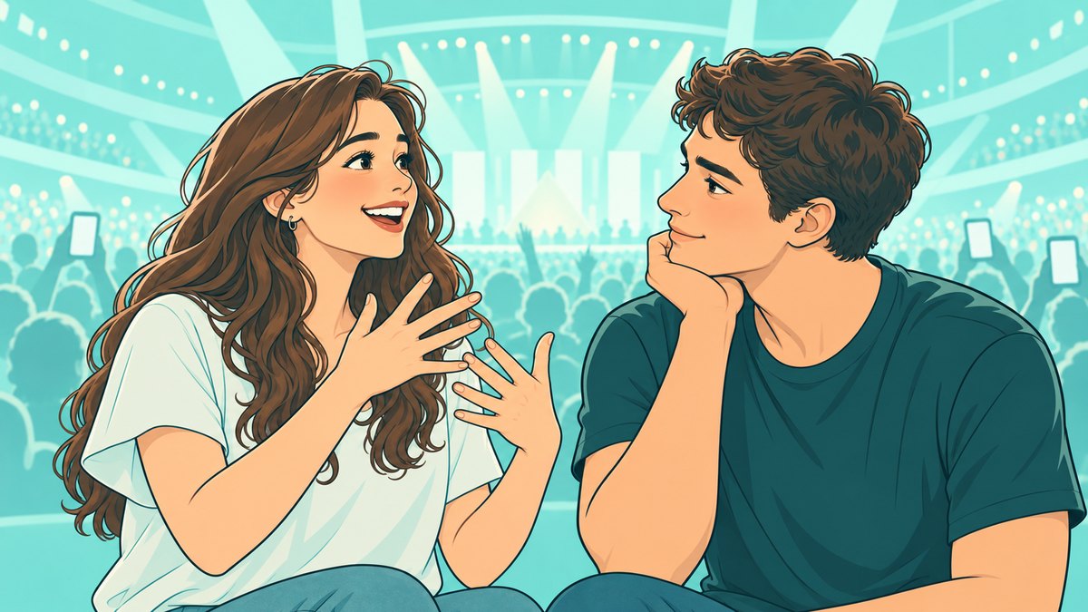 Ilustração de uma jovem sinalizando, sorridente, para o namorado durante um show, com as luzes do palco e o público ao fundo