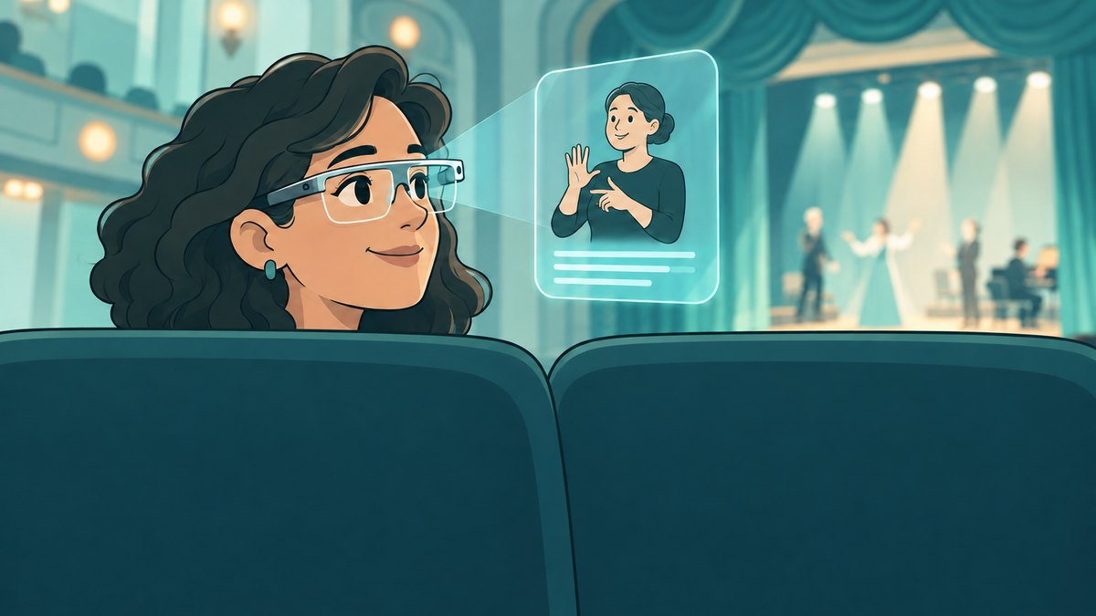 Ilustração de uma mulher sentada na plateia de um teatro usando óculos inteligentes, com um painel translúcido ao lado que mostra uma intérprete de língua de sinais e linhas de legenda