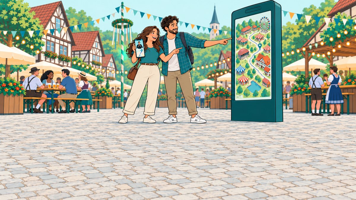 Ilustração de dois visitantes numa festa de estilo alemão, um deles segurando um celular com uma intérprete de Libras na tela, apontando para um totem com mapa da festa