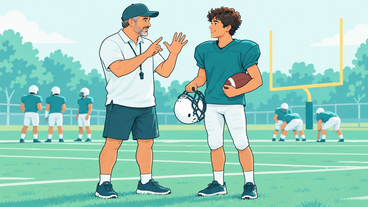 Ilustração de um técnico de futebol americano sinalizando com as mãos para um jovem quarterback que segura a bola e o capacete em um campo de treino