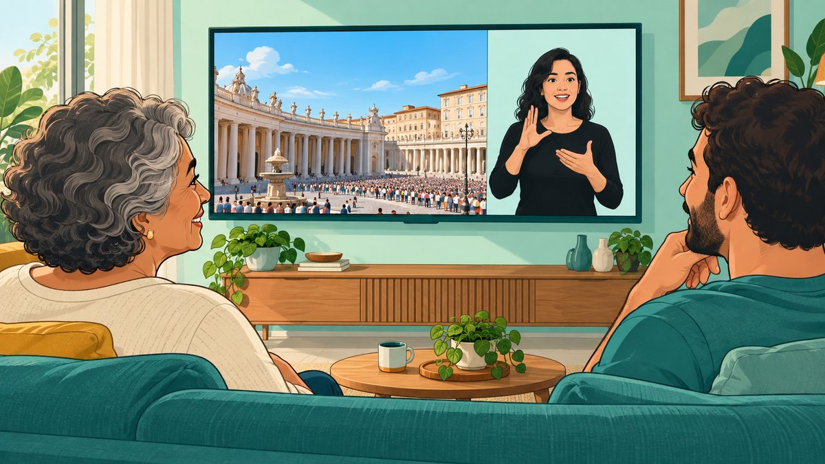 Ilustração de uma mãe e um filho no sofá assistindo na TV a uma transmissão com janela de Libras: de um lado, uma praça cheia de fiéis; do outro, uma intérprete sinalizando
