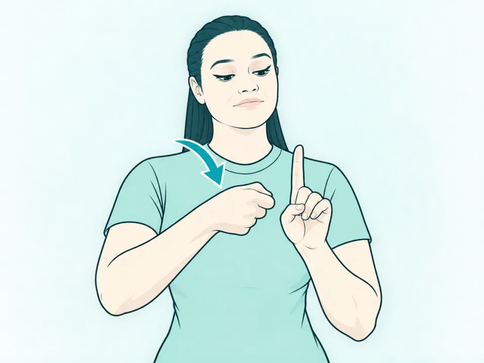 Ilustração do sinal de Banana em Libras: a intérprete no meio do sinal, com setas indicando o movimento das mãos