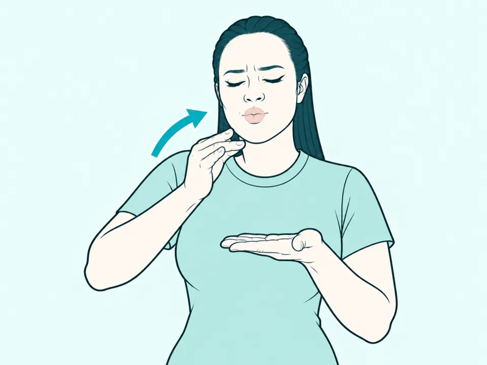 Ilustração do sinal de Café em Libras: a intérprete no meio do sinal, com setas indicando o movimento das mãos