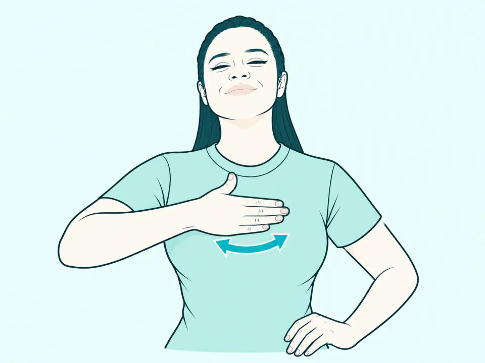 Ilustração do sinal de Calmo em Libras: a intérprete no meio do sinal, com setas indicando o movimento das mãos