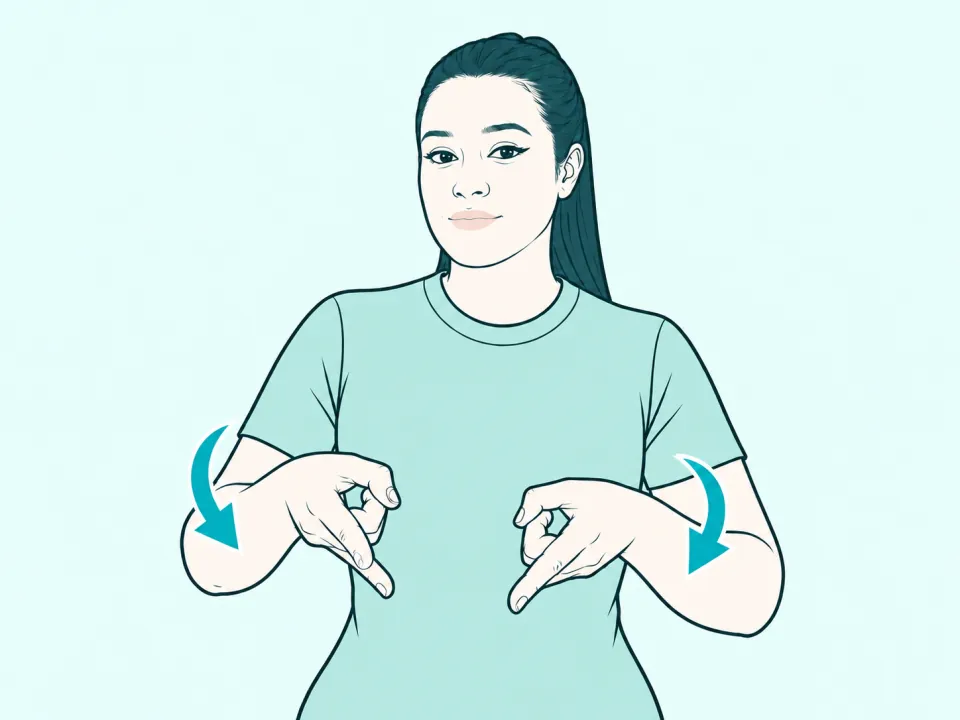 Ilustração do sinal de Cama em Libras: a intérprete no meio do sinal, com setas indicando o movimento das mãos