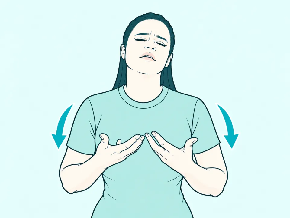 Ilustração do sinal de Cansado em Libras: a intérprete no meio do sinal, com setas indicando o movimento das mãos