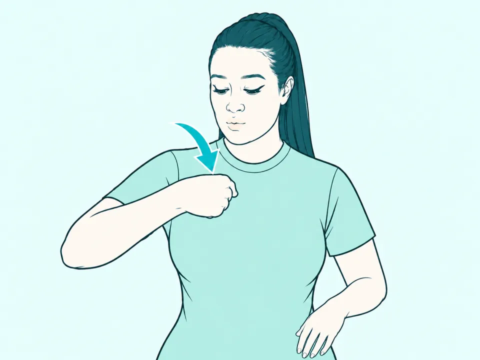 Ilustração do sinal de Eu em Libras: a intérprete no meio do sinal, com setas indicando o movimento das mãos