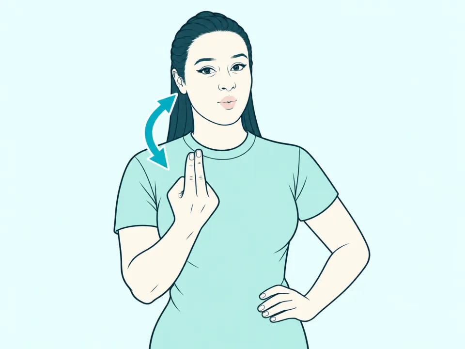 Ilustração do sinal de Falar em Libras: a intérprete no meio do sinal, com setas indicando o movimento das mãos