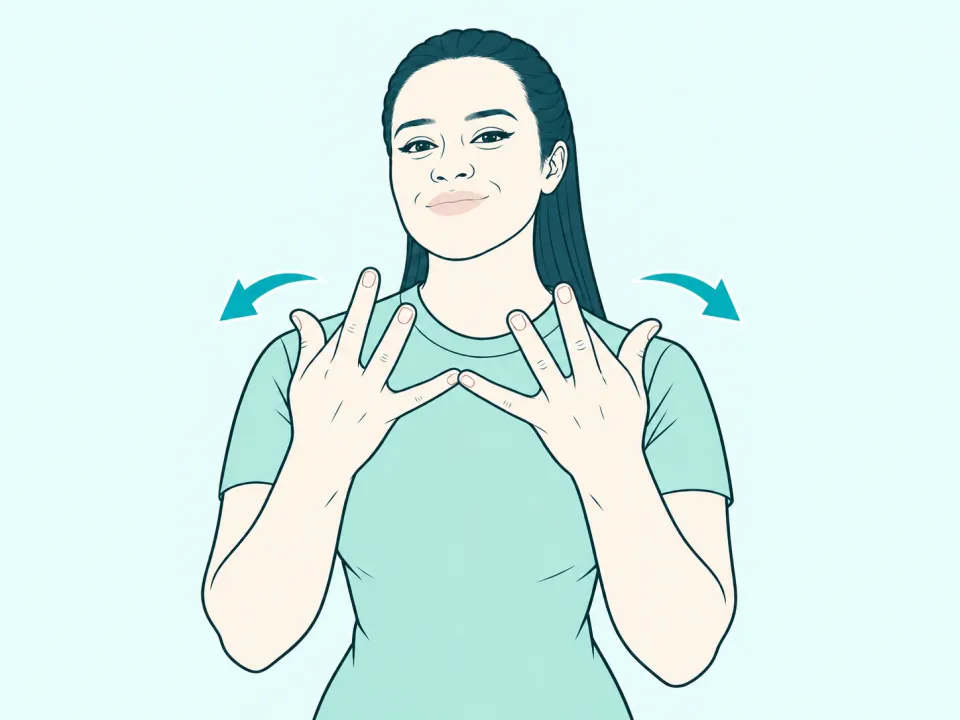 Ilustração do sinal de Família em Libras: a intérprete no meio do sinal, com setas indicando o movimento das mãos