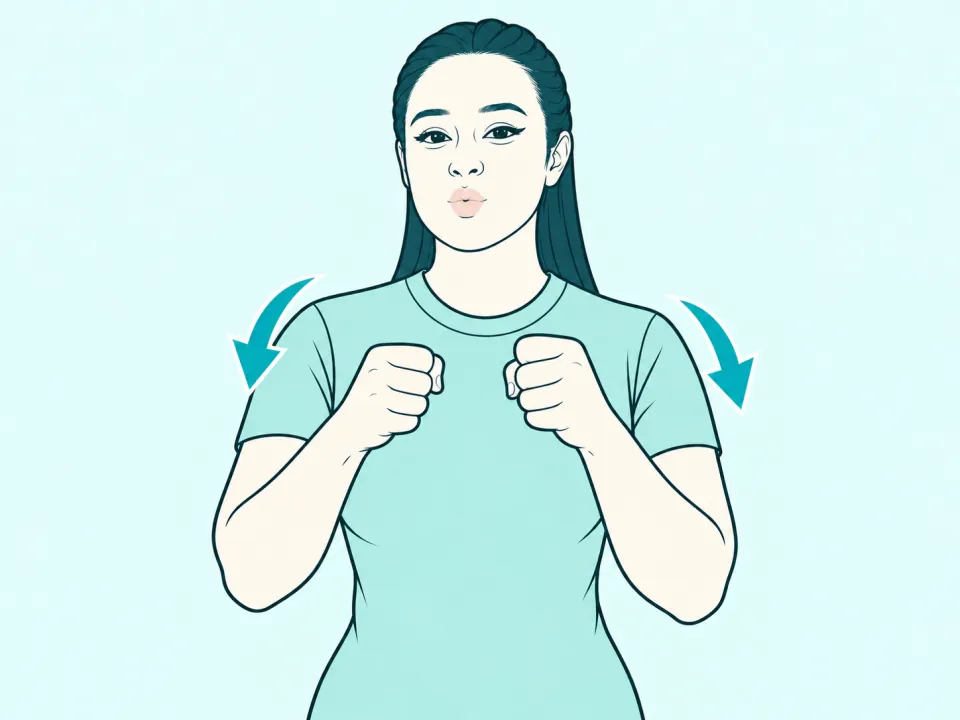 Ilustração do sinal de Ônibus em Libras: a intérprete no meio do sinal, com setas indicando o movimento das mãos
