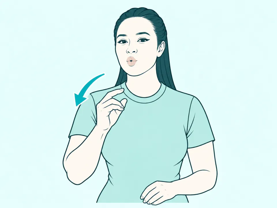 Ilustração do sinal de Porta em Libras: a intérprete no meio do sinal, com setas indicando o movimento das mãos