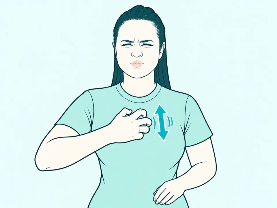 Ilustração do sinal de Raiva em Libras: a intérprete no meio do sinal, com setas indicando o movimento das mãos