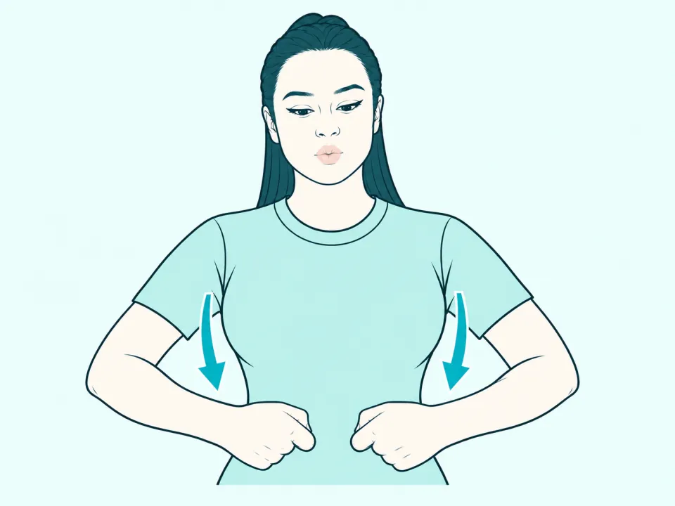 Ilustração do sinal de Roupa em Libras: a intérprete no meio do sinal, com setas indicando o movimento das mãos