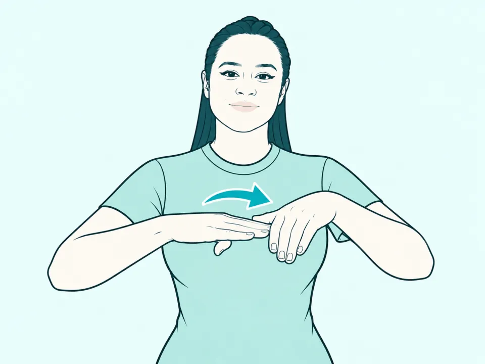 Ilustração do sinal de Sapato em Libras: a intérprete no meio do sinal, com setas indicando o movimento das mãos