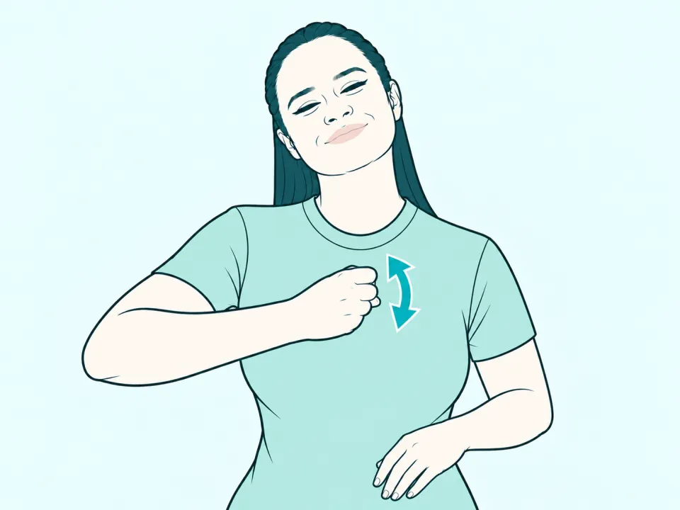 Ilustração do sinal de Saudade em Libras: a intérprete no meio do sinal, com setas indicando o movimento das mãos