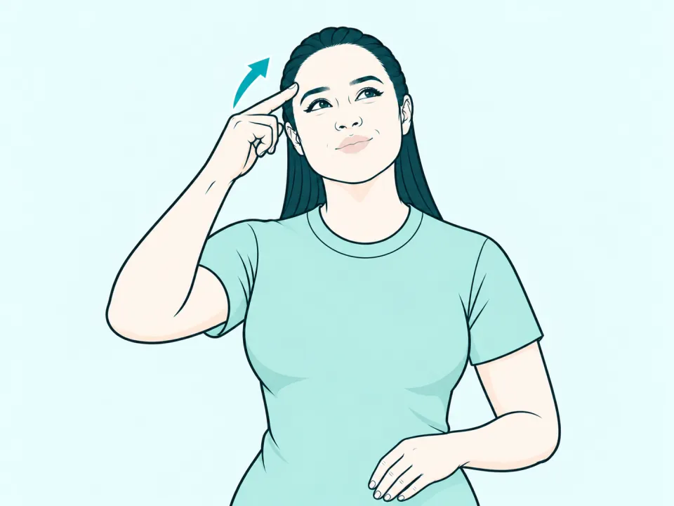Ilustração do sinal de Sonhar em Libras: a intérprete no meio do sinal, com setas indicando o movimento das mãos