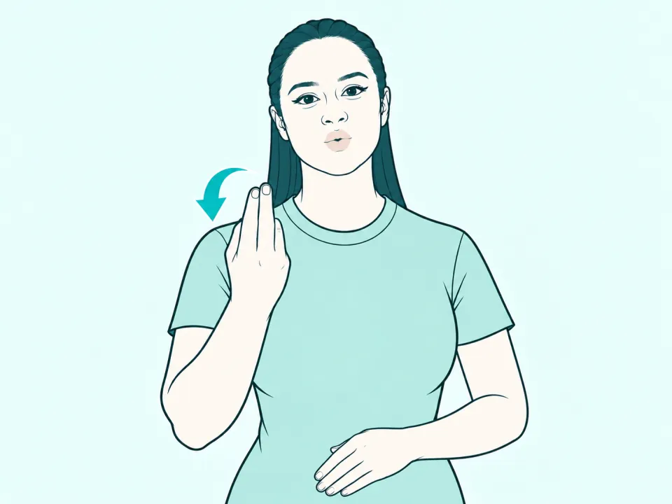 Ilustração do sinal de Suco em Libras: a intérprete no meio do sinal, com setas indicando o movimento das mãos