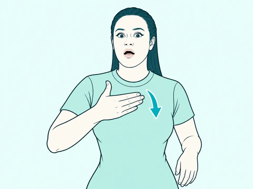 Ilustração do sinal de Surpresa em Libras: a intérprete no meio do sinal, com setas indicando o movimento das mãos