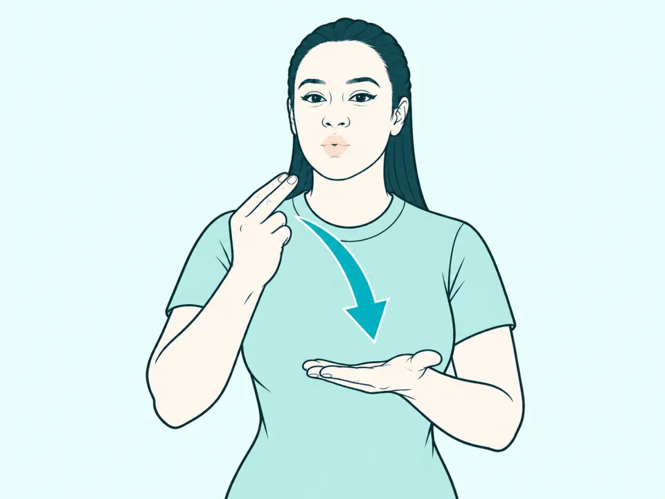 Ilustração do sinal de Telefone em Libras: a intérprete no meio do sinal, com setas indicando o movimento das mãos