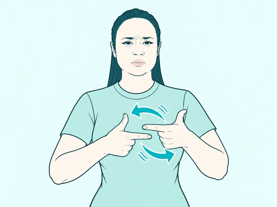 Ilustração do sinal de Trabalho em Libras: a intérprete no meio do sinal, com setas indicando o movimento das mãos
