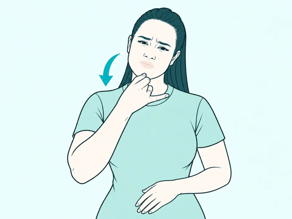 Ilustração do sinal de Triste em Libras: a intérprete no meio do sinal, com setas indicando o movimento das mãos