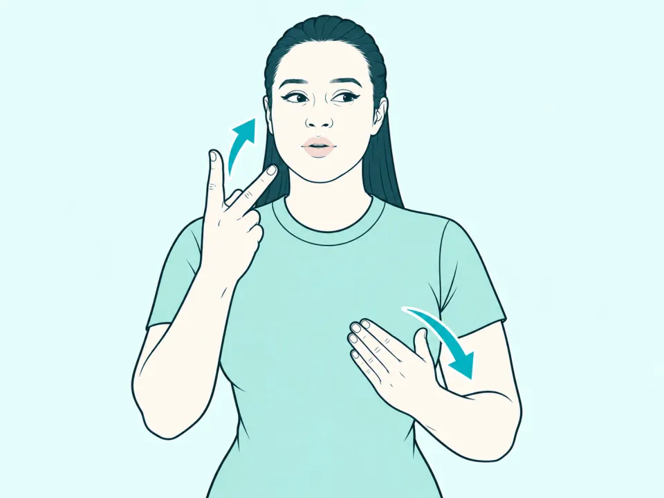 Ilustração do sinal de Vergonha em Libras: a intérprete no meio do sinal, com setas indicando o movimento das mãos